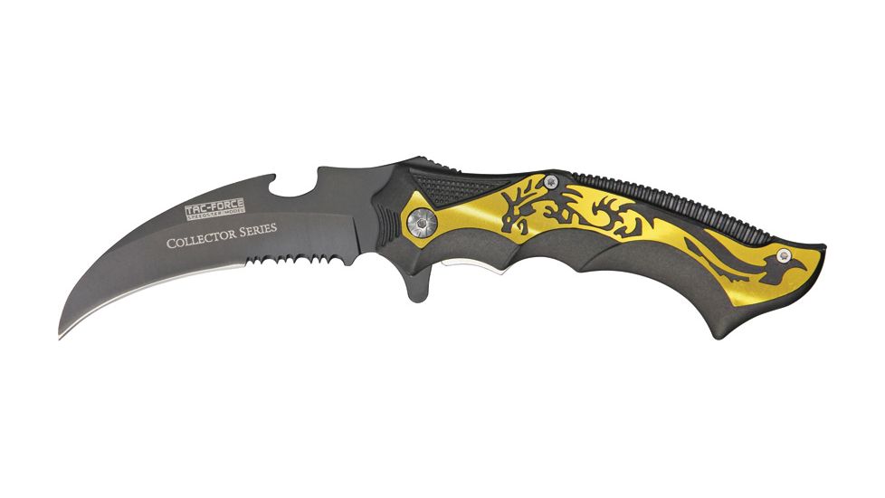 Tac Force Guthook Linerlock Fold Knife, black coated HC SS PS blade, Black handles with gold dragon cutout TF718GDR