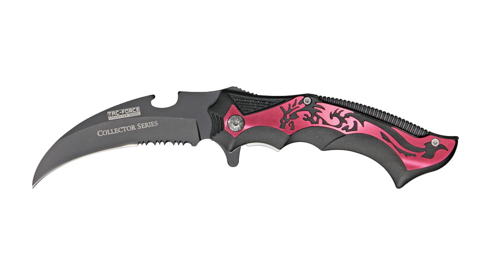 Tac Force Guthook Linerlock Fold Knife, black coated HC SS PS blade, Black handles with red dragon cutout TF718RDR