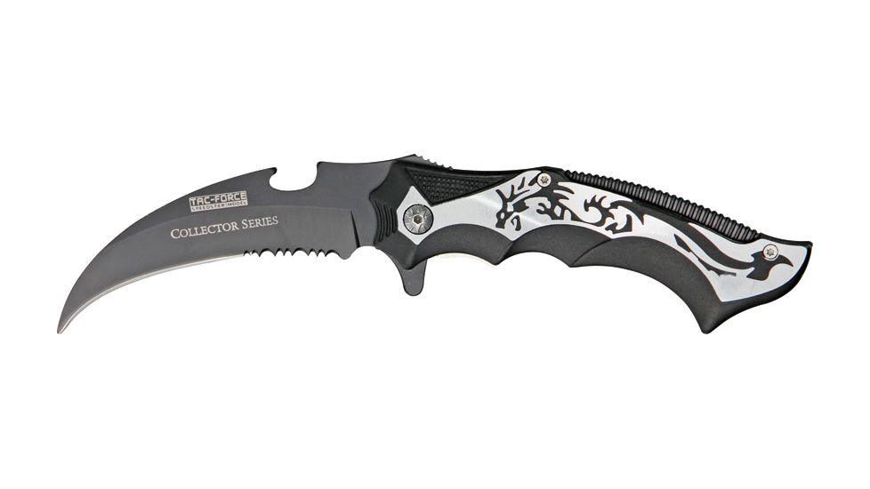 Tac Force Guthook Linerlock Fold Knife, black coated HC SS PS blade, Black handles with silver dragon cutout. TF718SDR