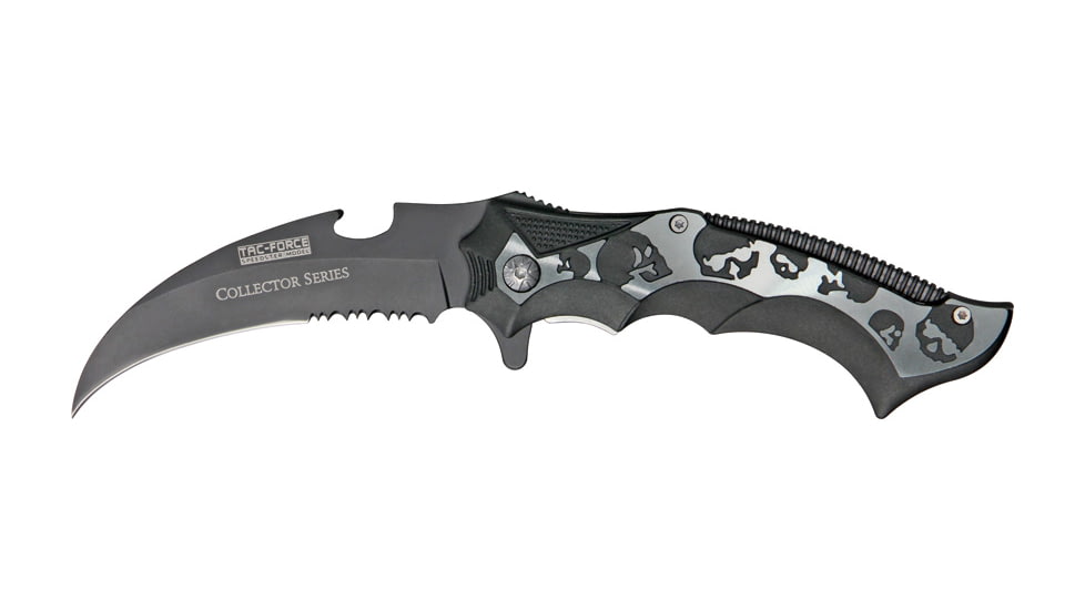 Tac Force Guthook Linerlock Fold Knife, black coated HC SS PS blade, Black handles with silver skull cutout. TF718SK