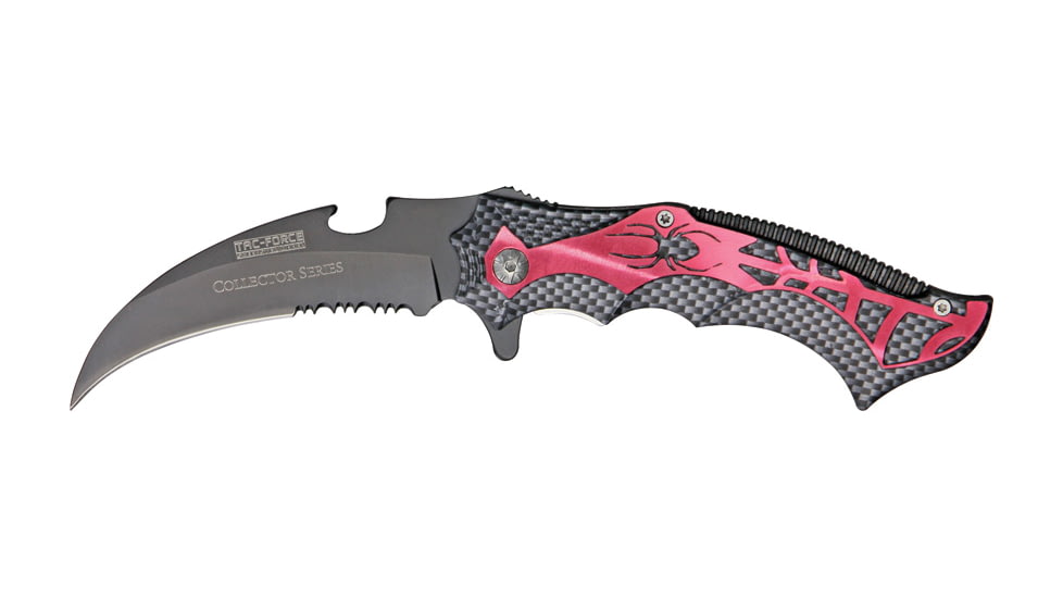 Tac Force Guthook Linerlock Fold Knife, black coated HC SS PS blade, Carbon fiber finish handles with red spider and we TF718RSP