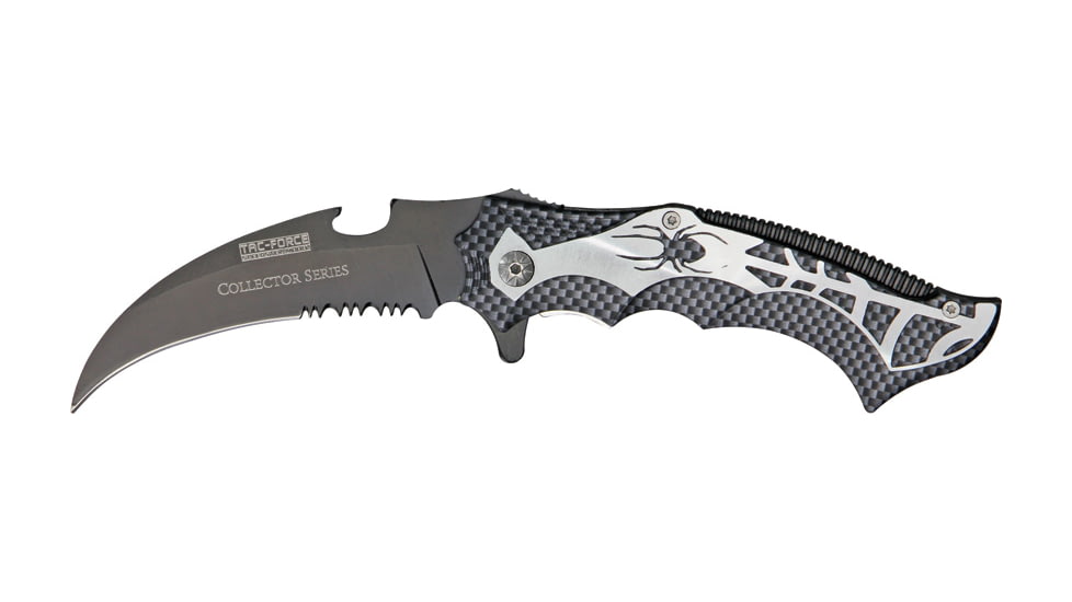Tac Force Guthook Linerlock Fold Knife, black coated HC SS PS blade, Carbon fiber finish handles with silver spider and TF718WSP