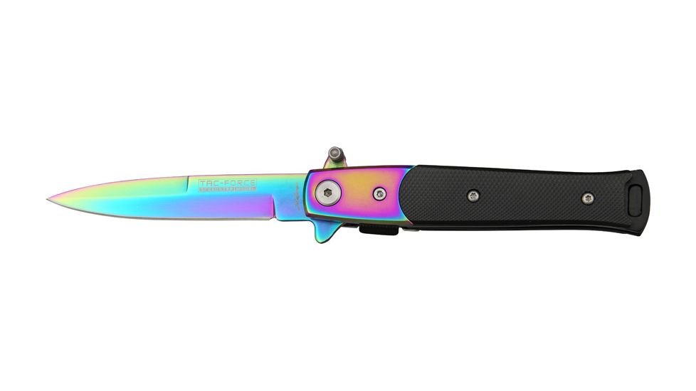 Tac Force Lil Milano A/O Fold Knife, rainbow finish SS blade, Black checkered Alum. handle TF438RB