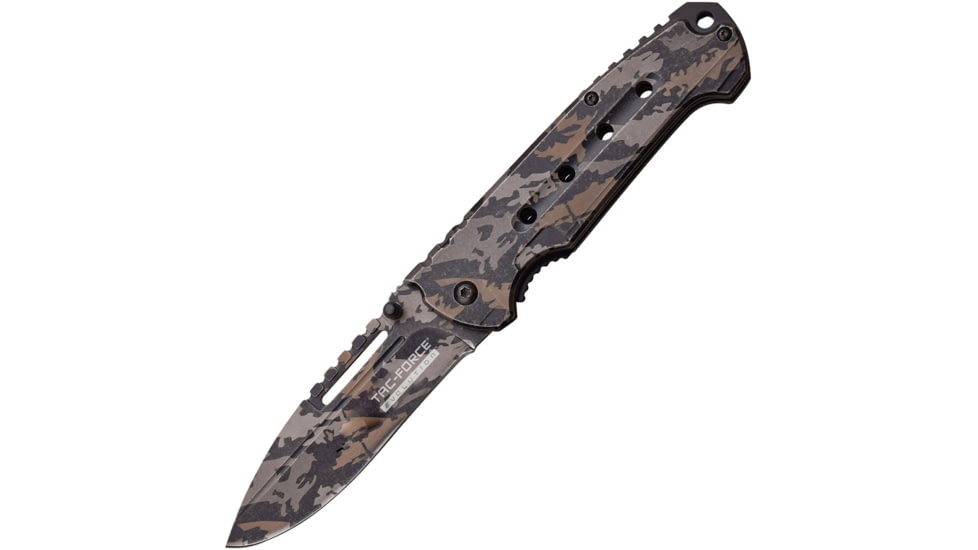 TAC Force Linerlock Camo A/O Folding Knife, 4.75in Closed, 3.75in Camo Stonewash 8Cr13Mov SS Drop Point, Camo Stonewash SS Handle, Thumb Stud, Pocket Clip, TFE-A012-CA
