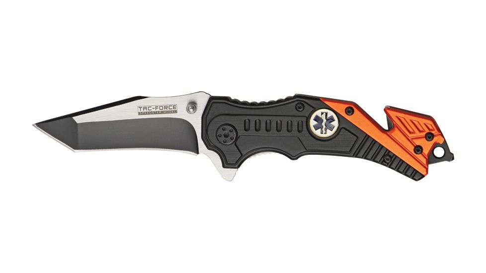 Tac Force Rescue EMT A/O Fold Knife, partially black SS A/O modified tanto blade, Black Alum. handles w/ orange trim TF640EMT
