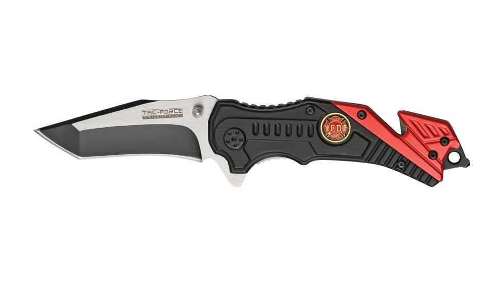 Tac Force Rescue Fire Dept A/O Fold Knife, partially black SS A/O modified tanto blade, Black Alum. handles w/ red trim TF640FD