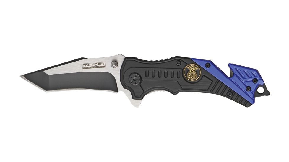Tac Force Rescue Police A/O Fold Knife, partially black SS A/O modified tanto blade, Black Alum. handles w/ blue trim TF640PD