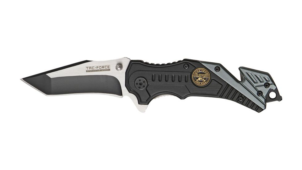Tac Force Rescue Sniper A/O Fold Knife, partially black SS A/O modified tanto blade, Black Alum. handles w/ gray trim TF640SN
