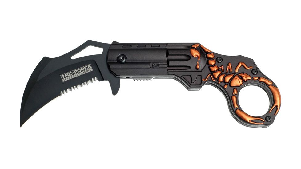 Tac Force Speed Assist  Fold Knife, A/O black SS PS hawkbill blade, Revolver shaped black Alum. handle TF752OR