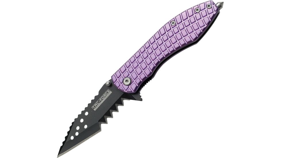 Tac Force Speed Assist Shark Fold Knife 4.25in., SS A/O blade w/ large tooth serration, Black blade. Purple handle TF729PUS