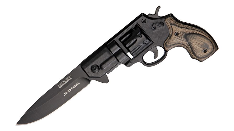 Tac Force Speed Revolver Fold Knife, A/O black 440 SS blade, Black Alum. Revolver handles w/ black and gray woo TF760BGY