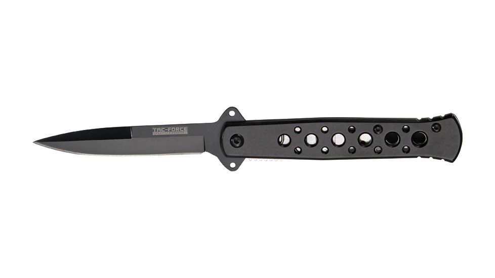 Tac Force Stiletto A/O Fold Knife, black SS A/O stilettoblade, Black Alum. handles w/ machined hole CO TF698BK