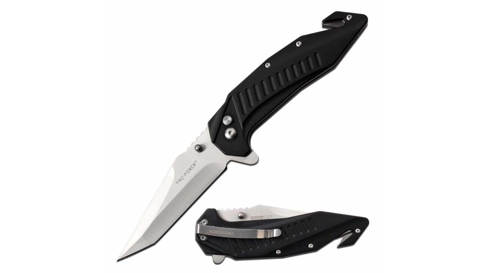 TAC Force TF-1017BK Spring Assisted Knife, 3.6in, 3CR13 Stainless Steel, Modified Tanto, Steel Blade, Aluminum Handle, Black, TF-1017BK