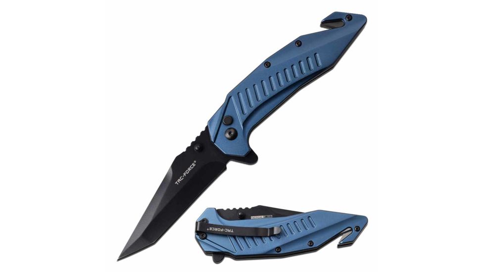 TAC Force TF-1017BL Spring Assisted Knife, 3.6in, 3CR13 Stainless Steel, Modified Tanto, Black Blade, Aluminum Handle, Blue, TF-1017BL
