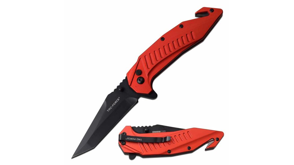 TAC Force TF-1017RD Spring Assisted Knife, 3.6in, 3CR13 Stainless Steel, Modified Tanto, Black Blade, Aluminum Handle, Red, TF-1017RD