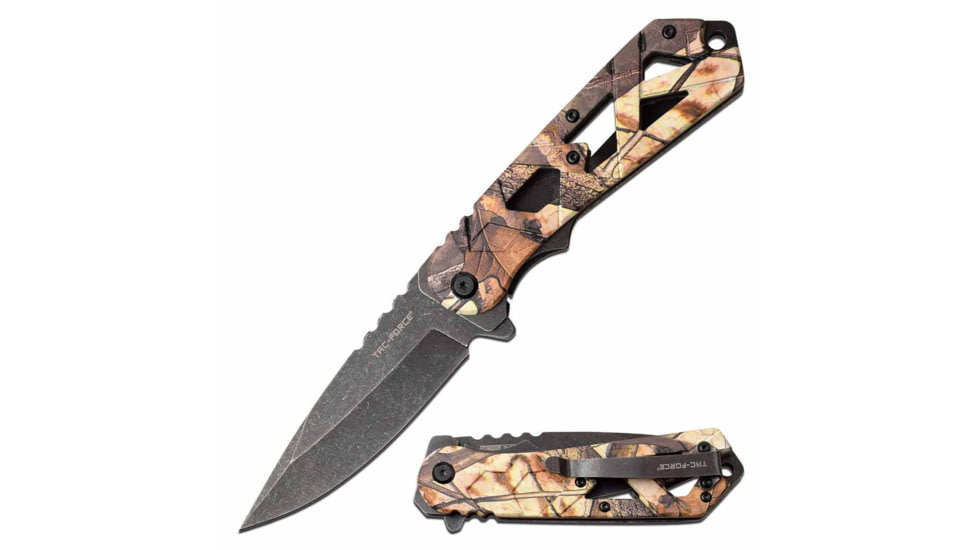 TAC Force TF-1019GY Spring Assisted Knife, 3.75in, 3CR13 Stainless Steel, Spear Point, Stonewashed Blade, Aluminum Handle, Green Camo, TF-1019GY