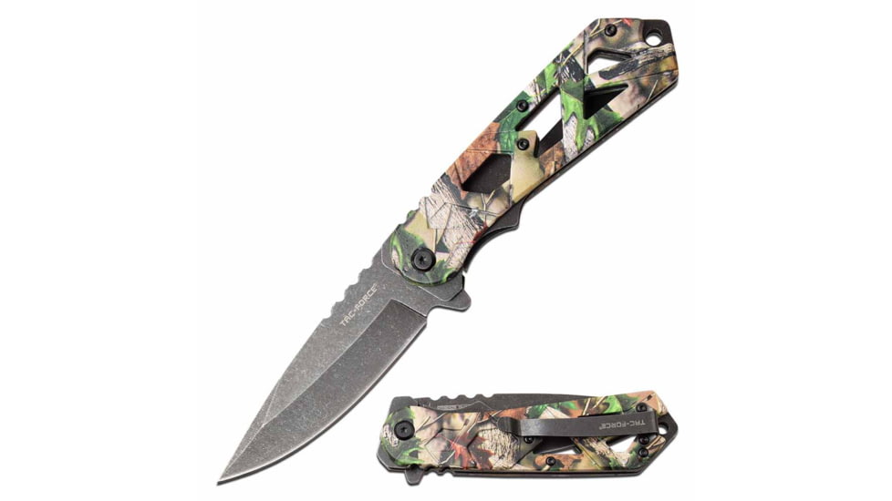 TAC Force TF-1019TN Spring Assisted Knife, 3.75in, 3CR13 Stainless Steel, Spear Point, Stonewashed Blade, Aluminum Handle, Tan Camo, TF-1019TN
