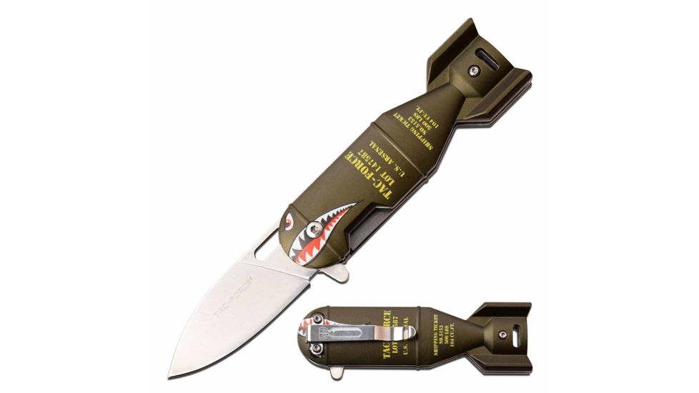 TAC Force TF-1039GN Spring Assisted Knife, 2.25in, 3CR13 Stainless Steel, Pen, Steel Blade, Aluminum Handle, Bomb Design, Green, TF-1039GN