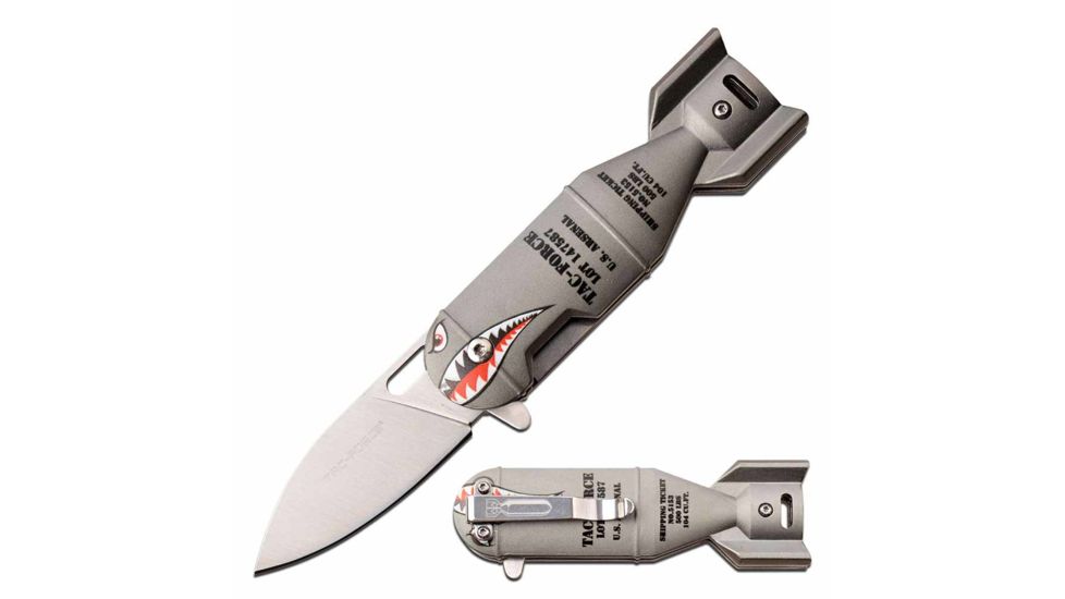 TAC Force TF-1039GY Spring Assisted Knife, 2.25in, 3CR13 Stainless Steel, Pen, Steel Blade, Aluminum Handle, Bomb Design, Gray, TF-1039GY