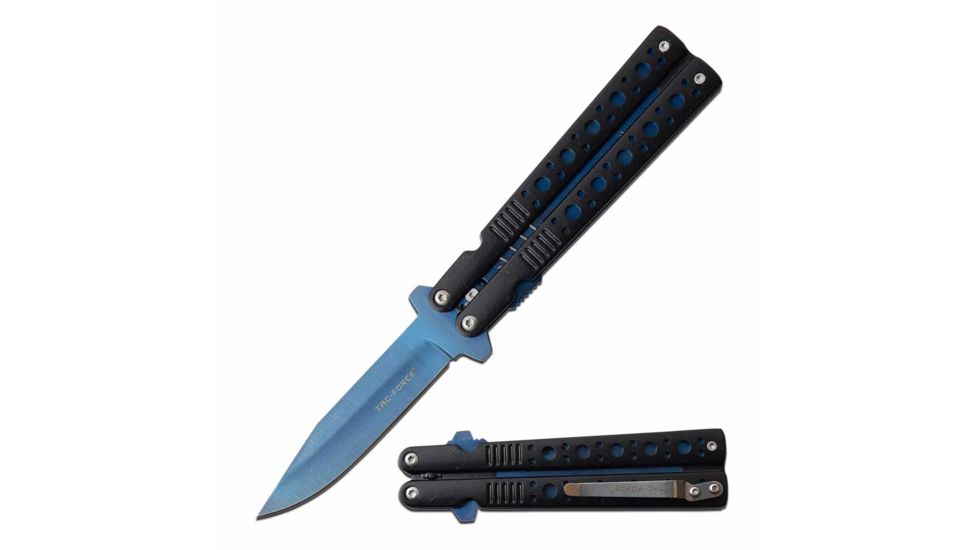 TAC Force TF-528BL Spring Assisted Knife, 3.75in, 3CR13 Stainless Steel, Spear Point, Blue Blade, Aluminum Handle, Black, TF-528BL