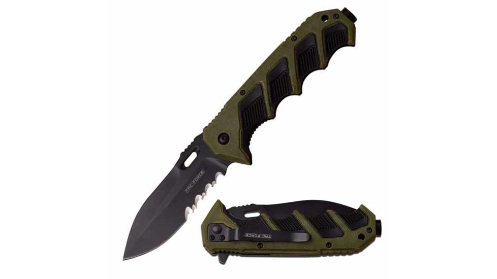 TAC Force TF-942BGCS Spring Assisted Knife, 3.75in, 3CR13 Stainless Steel, Spear Point, Half-Serrated, Black Blade, Rubber/Plastic Handle, Black/Green, TF-942BGCS