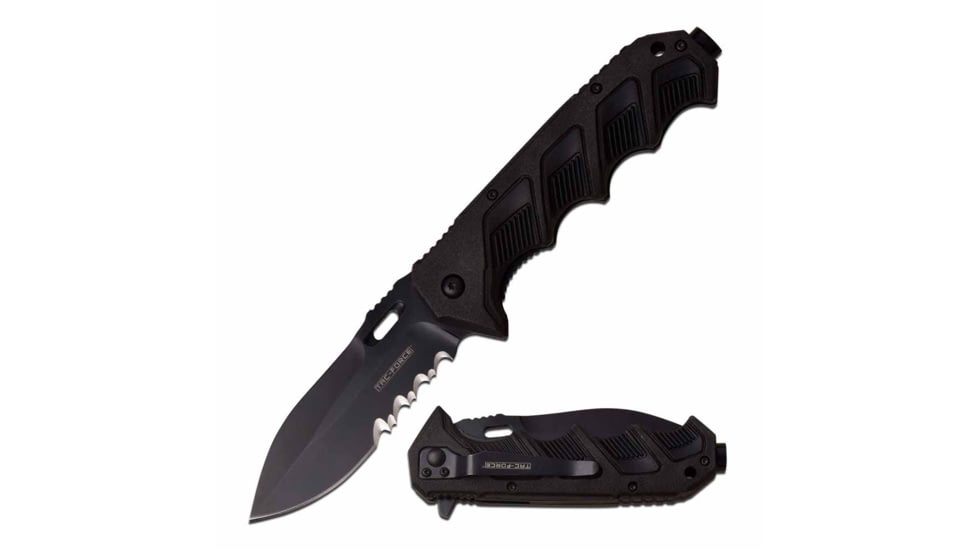 TAC Force TF-942BK Spring Assisted Knife, 3.75in, 3CR13 Stainless Steel, Spear Point, Half-Serrated, Black Blade, Rubber/Plastic Handle, Black, TF-942BK