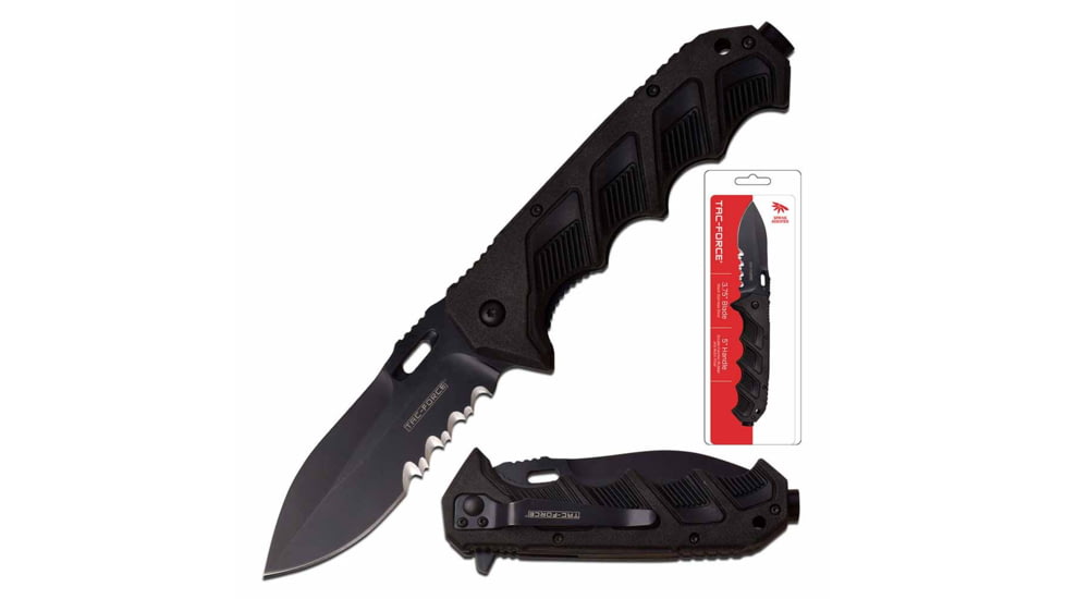 TAC Force TF-942BKCS Spring Assisted Knife, 3.75in, 3CR13 Stainless Steel, Spear Point, Half-Serrated, Black Blade, Rubber/Plastic Handle, Black, TF-942BKCS