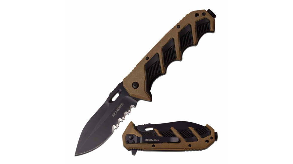 TAC Force TF-942BT Spring Assisted Knife, 3.75in, 3CR13 Stainless Steel, Spear Point, Half-Serrated, Black Blade, Rubber/Plastic Handle, Black/Tan, TF-942BT