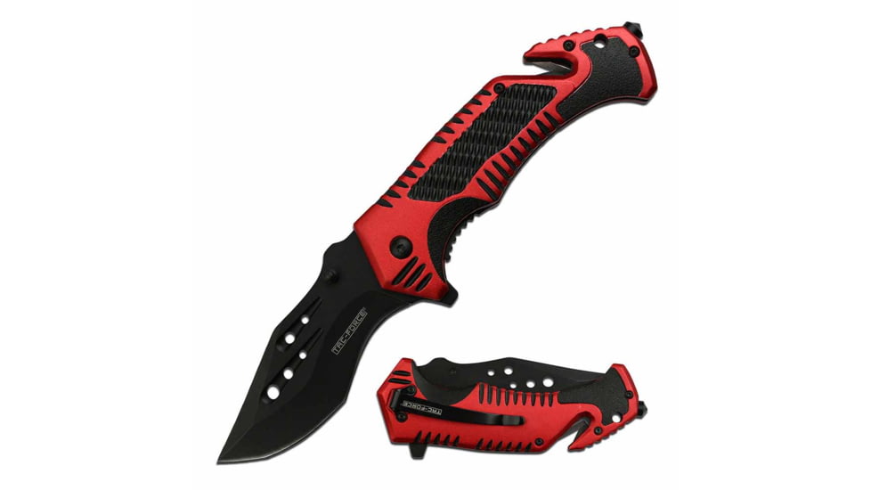 TAC Force TF-954BRD Spring Assisted Knife, 3.5in, 3CR13 Stainless Steel, Recurved, Black Blade, Aluminum Handle, Black/Red, TF-954BRD