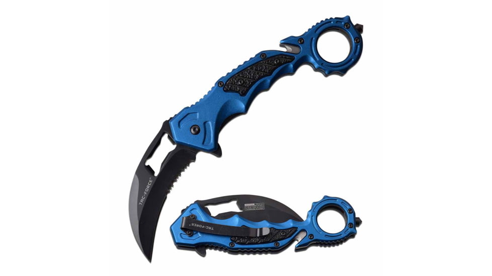 TAC Force TF-972BL Spring Assisted Knife, 3in, 3CR13 Stainless Steel, Karambit, Half-Serrated, Black Blade, Aluminum Handle, Blue, TF-972BL