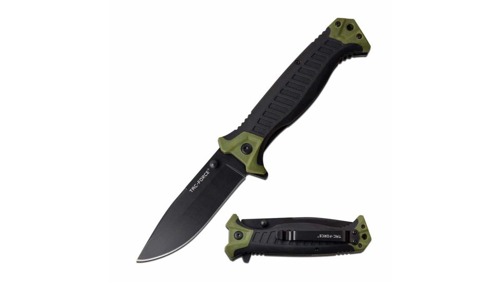 TAC Force TF-981GN Spring Assisted Knife, 3.75in, 3CR13 Stainless Steel, Drop Point, Black Blade, Nylon Fiber/Rubber Handle, Green/Black, TF-981GN