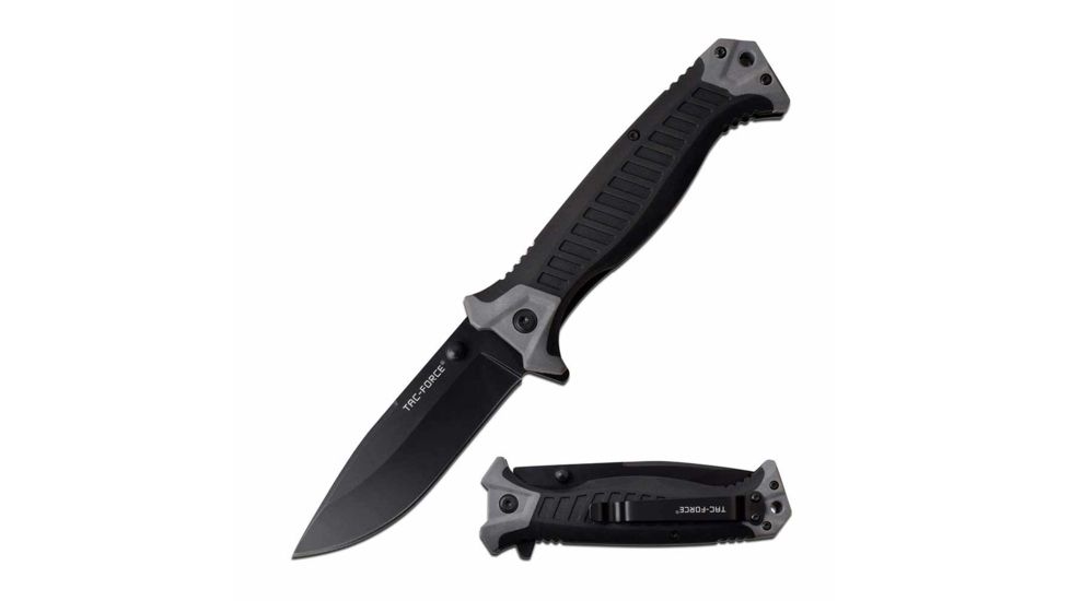 TAC Force TF-981GY Spring Assisted Knife, 3.75in, 3CR13 Stainless Steel, Drop Point, Black Blade, Nylon Fiber/Rubber Handle, Gray/Black, TF-981GY