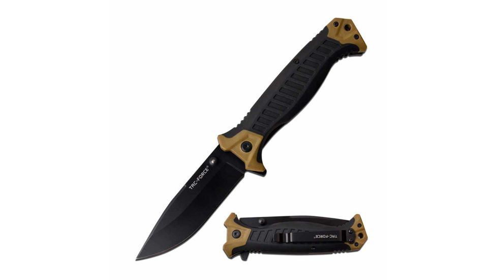 TAC Force TF-981TN Spring Assisted Knife, 3.75in, 3CR13 Stainless Steel, Drop Point, Black Blade, Nylon Fiber/Rubber Handle, Tan/Black, TF-981TN