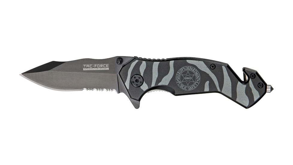 Tac Force Zebra Stripe Rescue Fold Knife, black HC SS A/O PS blade, Black and gun metal gray stripes on handle TF714SH