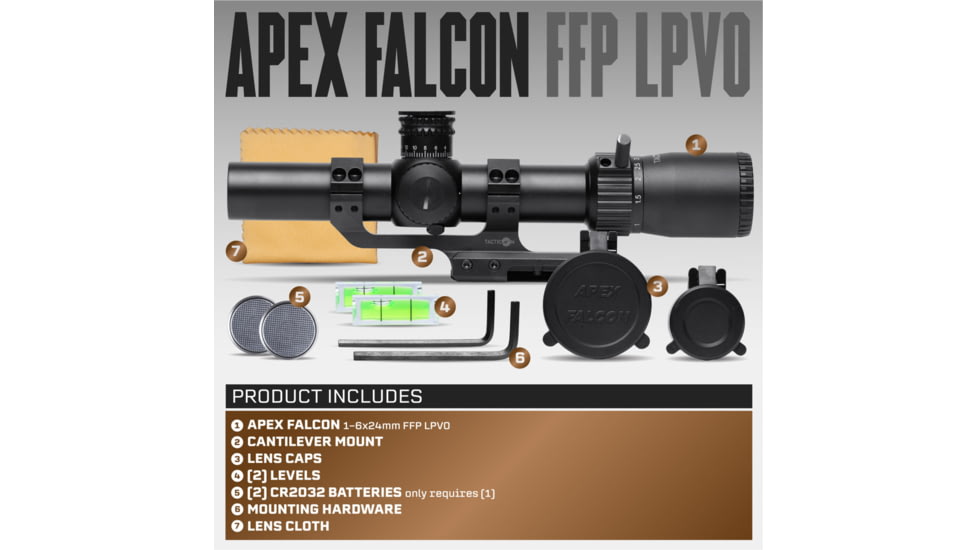 Tacticon Armament Apex Falcon 1-6x24mm 30mm Tube First Focal Plane LPVO Rifle Scope, Illuminated Mil Reticle with Windage/Elevation, Black, APXFALC16X24