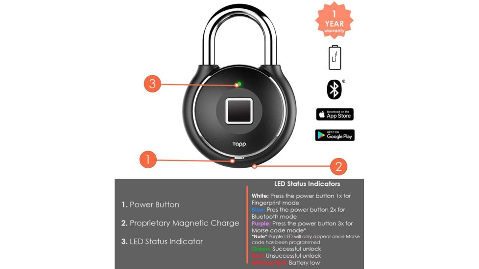 Tapplock One Plus Smart Fingerprint Padlock, Midnight Black, 1000002