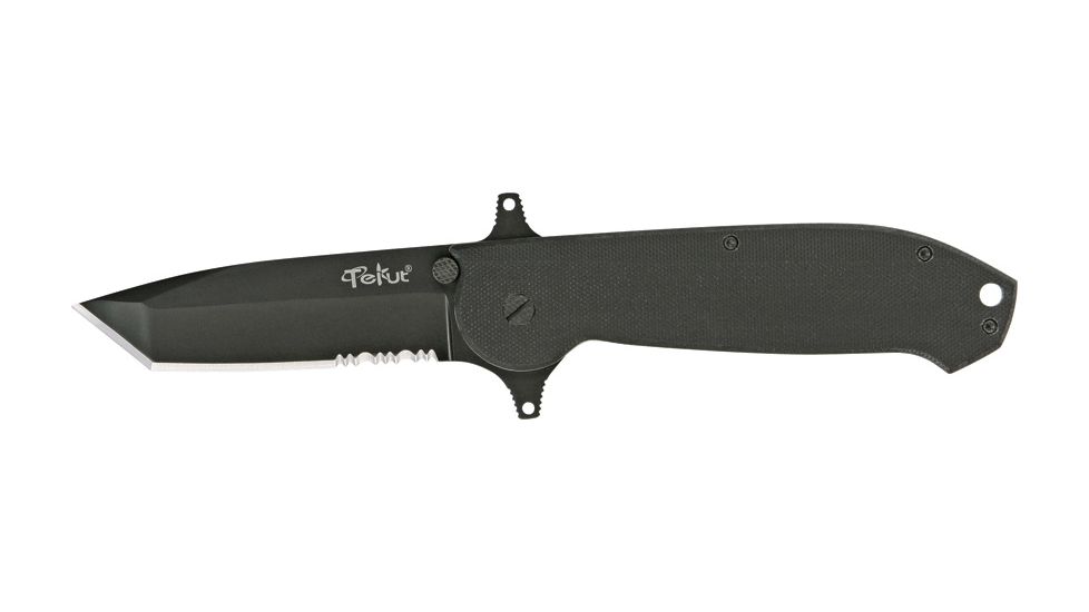 Tekut Ares A/B Linerlock Fold Knife, stainless partially serrated tanto blade, Black G-10 handle TK5256A