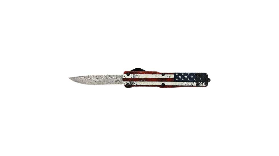 Templar Knife Slim US Flag Damascus OTF Knife, 3.5in, VG10 Core Damascus Steel, Drop Point Blade, White/Red/Blue Aluminum Handle, MAUS34