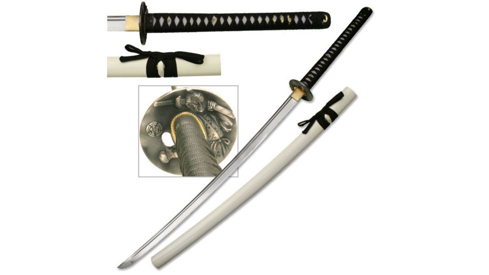 Ten Ryu Fixed Blade, 43.7in, Carbon Steel Blade, Black Cotton Wrapped With Real Ray Skin Handle LU-014W