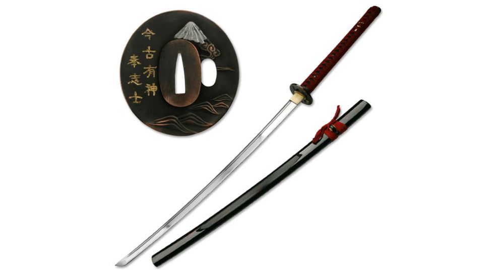 Ten Ryu Fixed Blade, 43.7in, Carbon Steel Blade, Maroon Cotton Wrapped With Real Ray Skin Handle LU-011