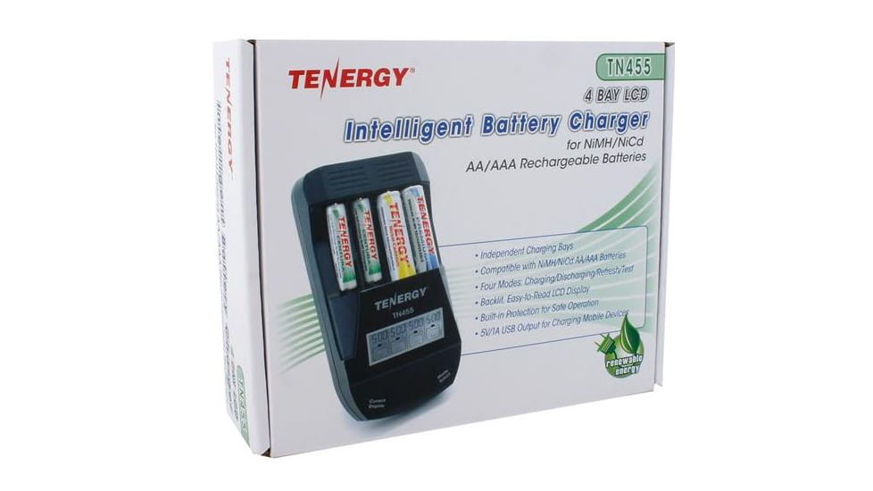 Tenergy TN455 4 Bay USB Intelligent Universal Battery Charger for AA/AAA Li-ion/NiMH/NiCd Rechargeable Batteries,Black, 1455