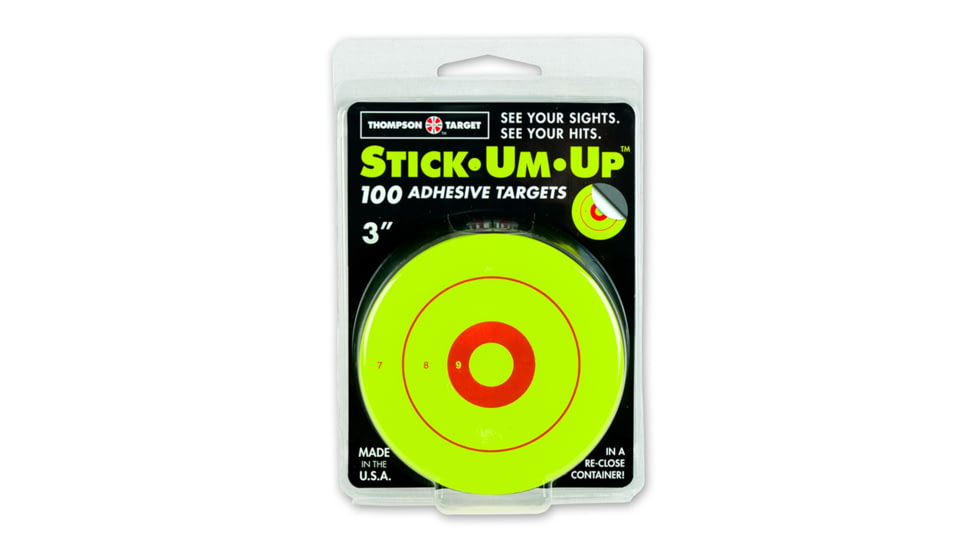 Thompson Target Stick-Um-Up 3in Adhesive Targets In Re-Close Container, 100 Pack, Green, Extra Small, 6220-100