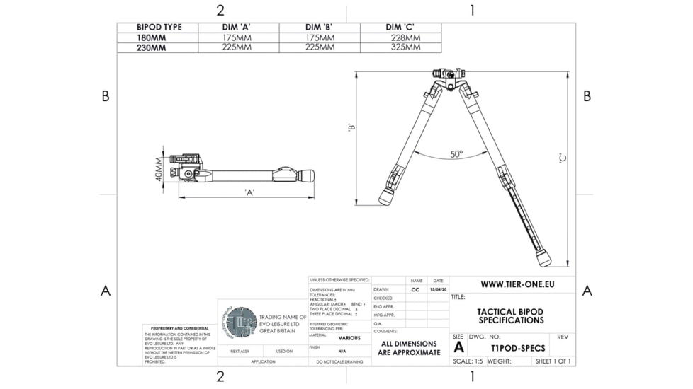 Tier One Tactical Bipod - Carbon Tilt Picatinny 9in, Black, T1BTCTP230