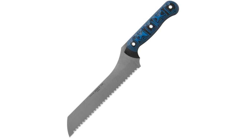 TOPS Knives Dicer 7 Bread Knife, 7.63 tumbled finish serrated S35VN stainless blad, Black and blue G10 handle, DCR71
