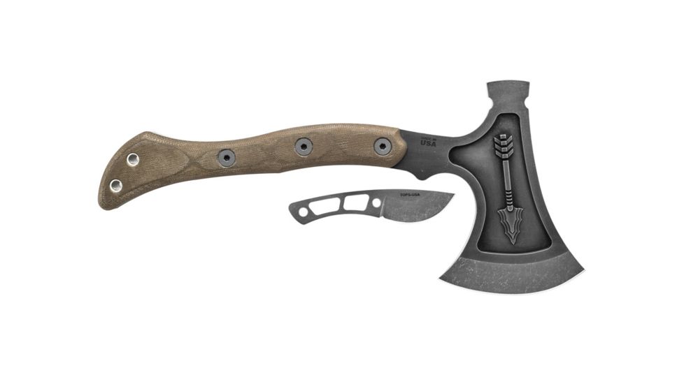 Tops Knives Hammer Hawk Tomahawk Ax, 4.5 in Acid Rain 1075 RC 56-58 Blade, Green Canvas Micarta Handle, HAMH-03