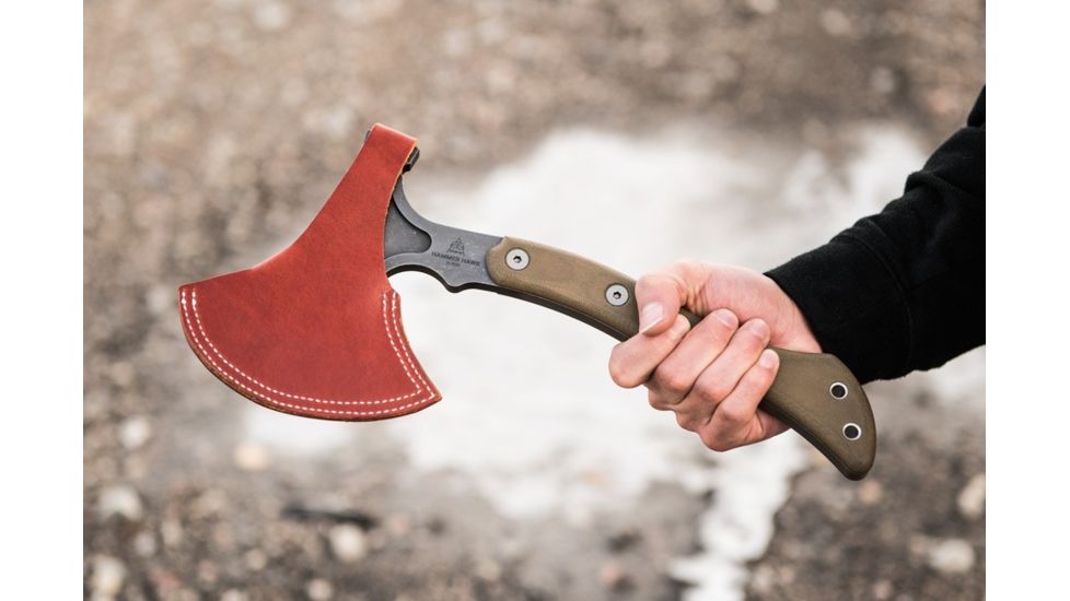 Tops Knives Hammer Hawk Tomahawk Ax, 4.5 in Acid Rain 1075 RC 56-58 Blade, Green Canvas Micarta Handle HAMH-03