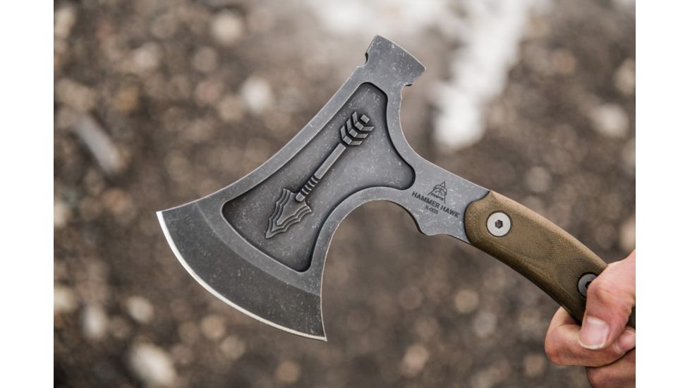 Tops Knives Hammer Hawk Tomahawk Ax, 4.5 in Acid Rain 1075 RC 56-58 Blade, Green Canvas Micarta Handle HAMH-03