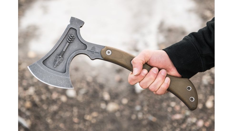 Tops Knives Hammer Hawk Tomahawk Ax, 4.5 in Acid Rain 1075 RC 56-58 Blade, Green Canvas Micarta Handle HAMH-03