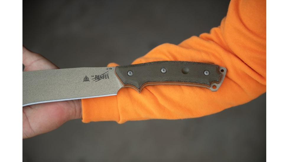 TOPS Knives The Bestia Knife, 13 Tactical Stone finish 1095HC steel blade, Green and tan canvas micarta handle, TBST-01