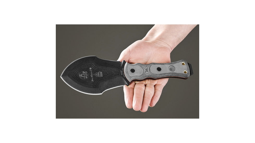 TOPS Knives Tracker Digger Knife, 10.5in Overall, 4.75in Black Traction Coated Double Edge 1095Hc Steel Blade, Black Linen Micarta Handle, Black Nylon Molle Compatible Sheath, TBT-DIG